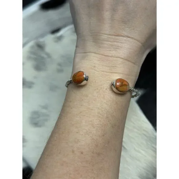 Vintage Native American Sterling Silver Orange Coral Floater Cuff Bracelet
